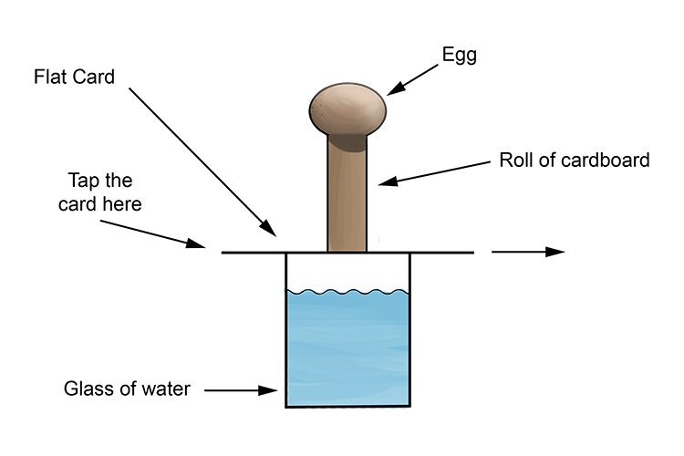 An egg is sat on a roll of cardboard placed on a sheet of card above a glass of water.